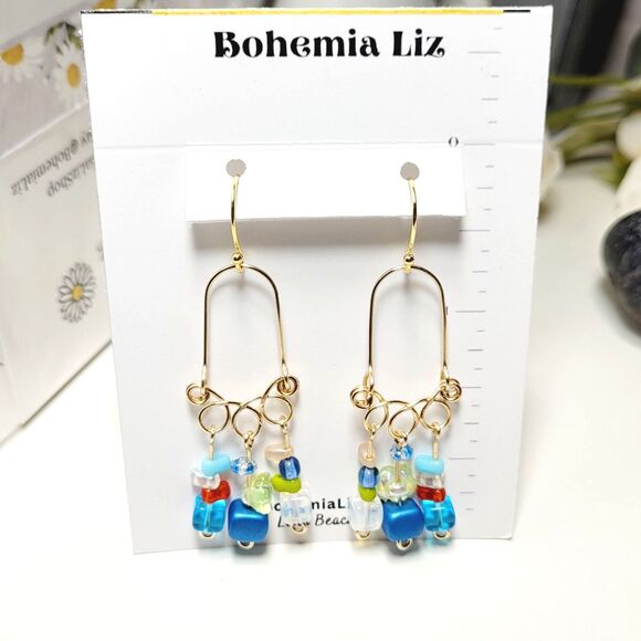 artisan earrings 668#mfs Czech glass fringe boho earrings blues multicolor beaut - Picture 2 of 4